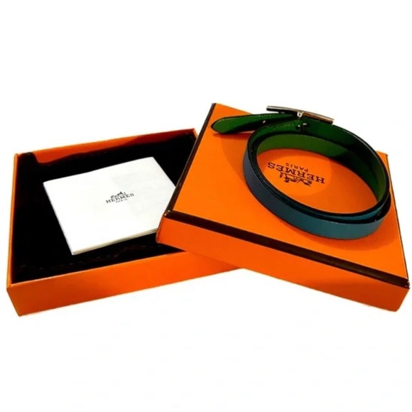 Hermes Leather Behapi Double Tour Reversible Bracelet in Green and Teal - Picture 3 of 7